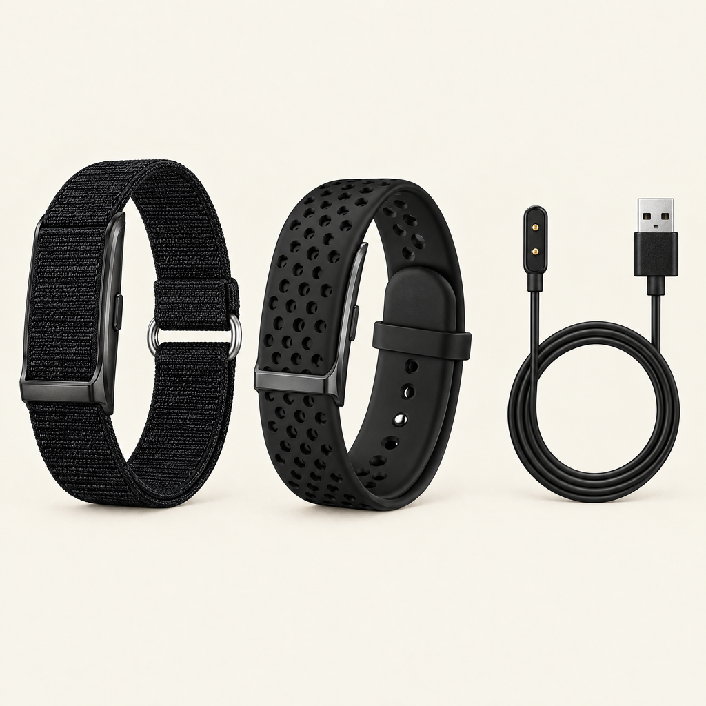 Contenu de la boîte : bracelet nylon avec capteur, bracelet silicone et câble de charge aimanté
